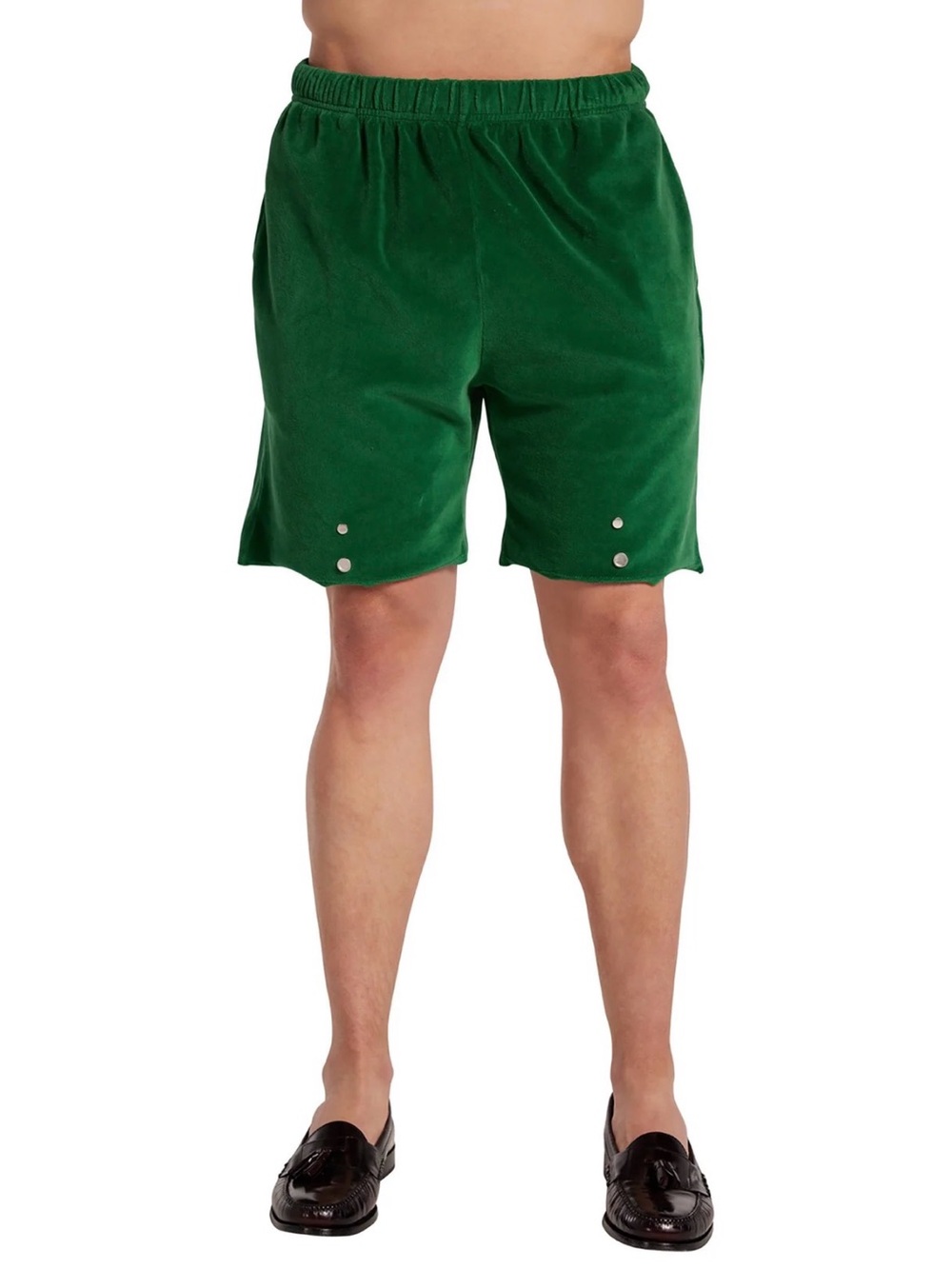 Les Tien Kale Green Velour Snap Front Shorts Size Medium $210